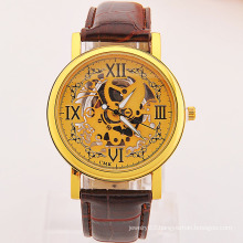 Men's Business Black brown Leather Wrist Watches Hand Wind silver and gold Skeleton watch